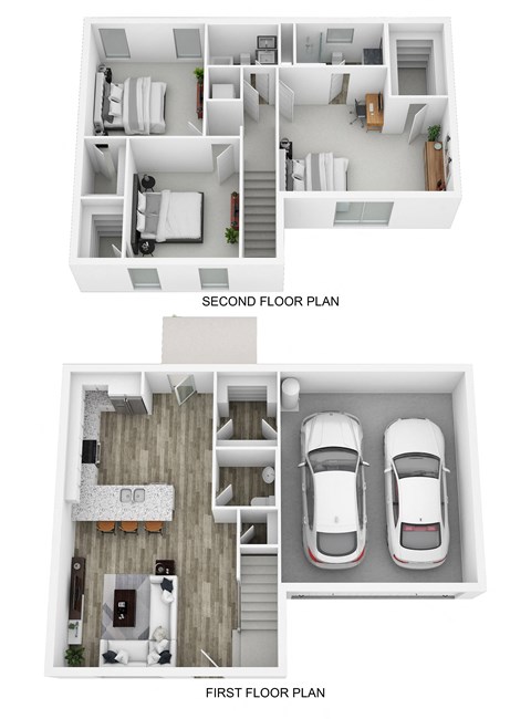 a stylized floor plan of a 1 bedroom apartment with a car in the second